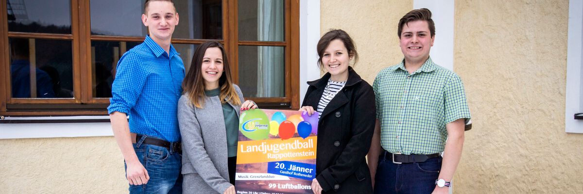 Clemens Hammerl, Martina Hahn, Anna Wagner und Bernhard Waldbauer laden recht herzlich zum diesjährigen Ball der Landjugend Rappottenstein am 20.Jänner ab 20 Uhr in den Gasthof Rotheneder ein.